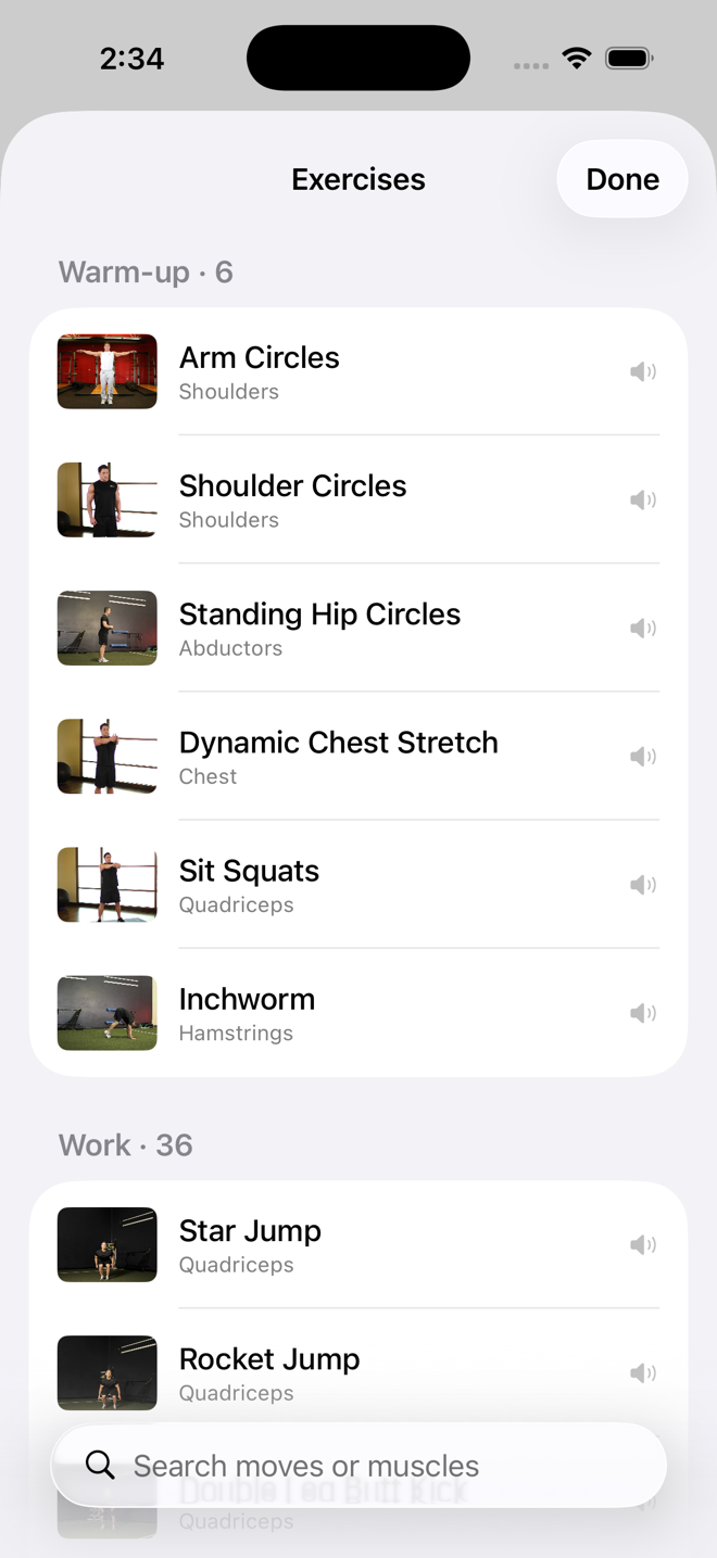 Dart's exercise library: warm-up, work, and cool-down moves with thumbnails and target muscles, each with a speaker icon for narrated technique
