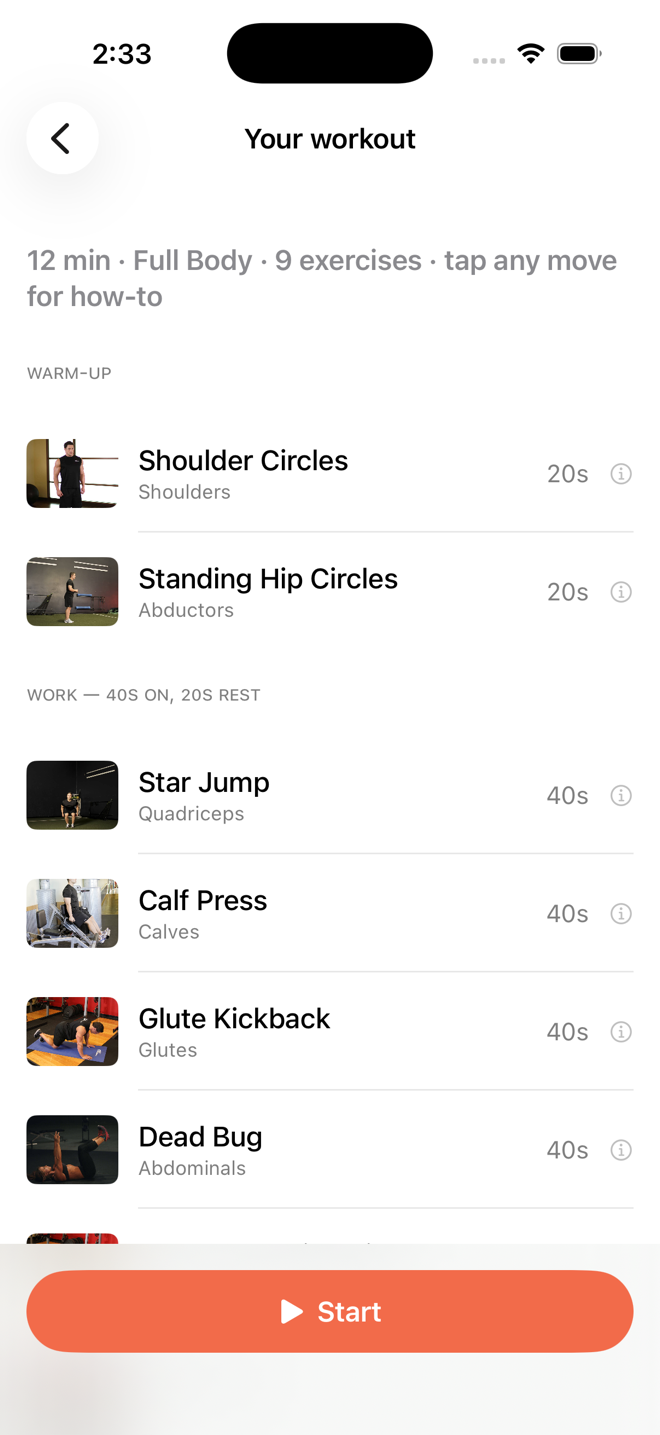 A generated Dart workout: the full exercise list shown before starting — warm-up, work intervals, and cool-down with times for each move
