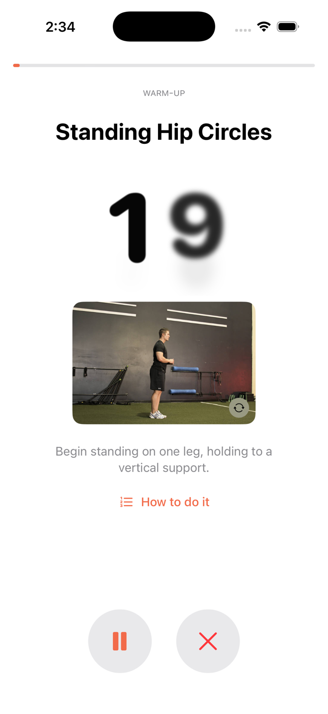 Dart mid-workout on an iPhone: a large countdown timer above an exercise demo, with the current move named and a one-line technique cue